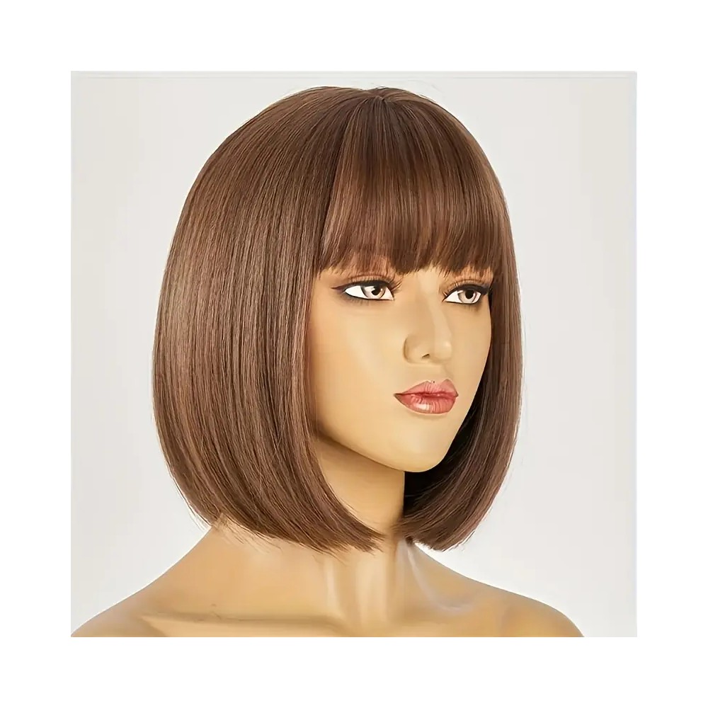 Perruque bob mi-long lisse avec frange châtain moyen