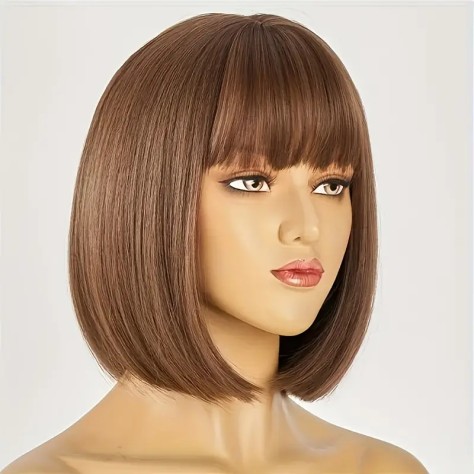 Perruque bob mi-long lisse avec frange châtain moyen
