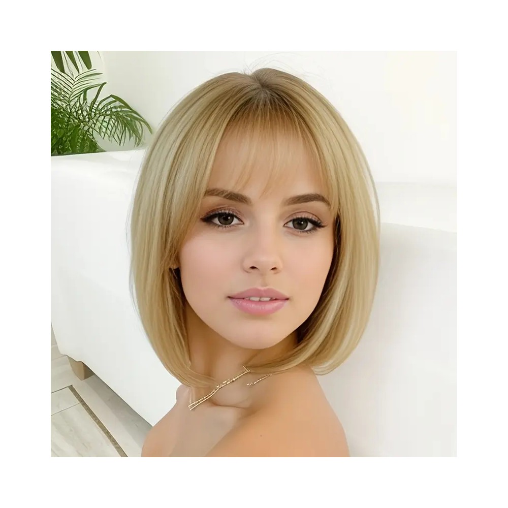 Perruque bob mi-long lisse avec frange blonde