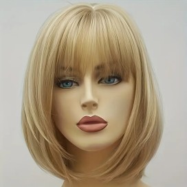 Perruque bob mi-long lisse avec frange blonde