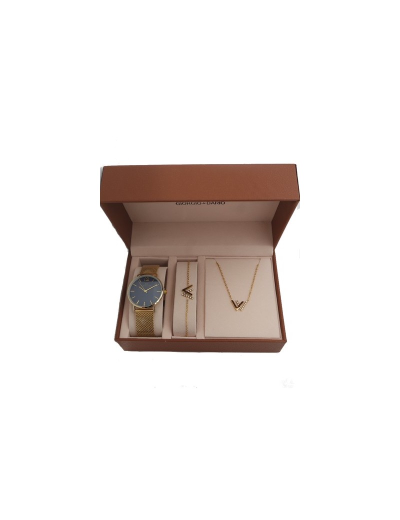Coffret Montre femme et Bijoux double V- (acier) Doré