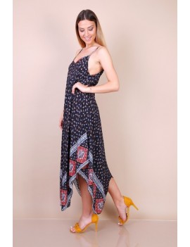 Robe à Bretelles Asymétrique- Imprimée Fond Noir-Femme grande Taille