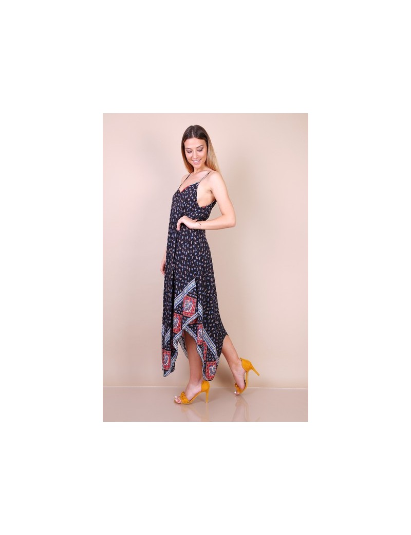 Robe à Bretelles Asymétrique- Imprimée Fond Noir-Femme grande Taille
