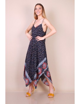 Robe à Bretelles Asymétrique- Imprimée Fond Noir-Femme grande Taille