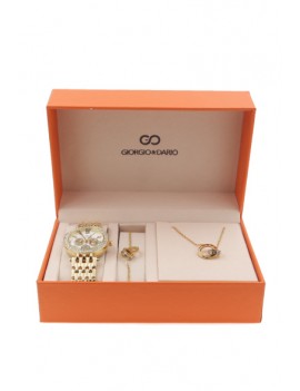 Coffret montre femme et bijoux double anneaux croisés (Acier) Dorée