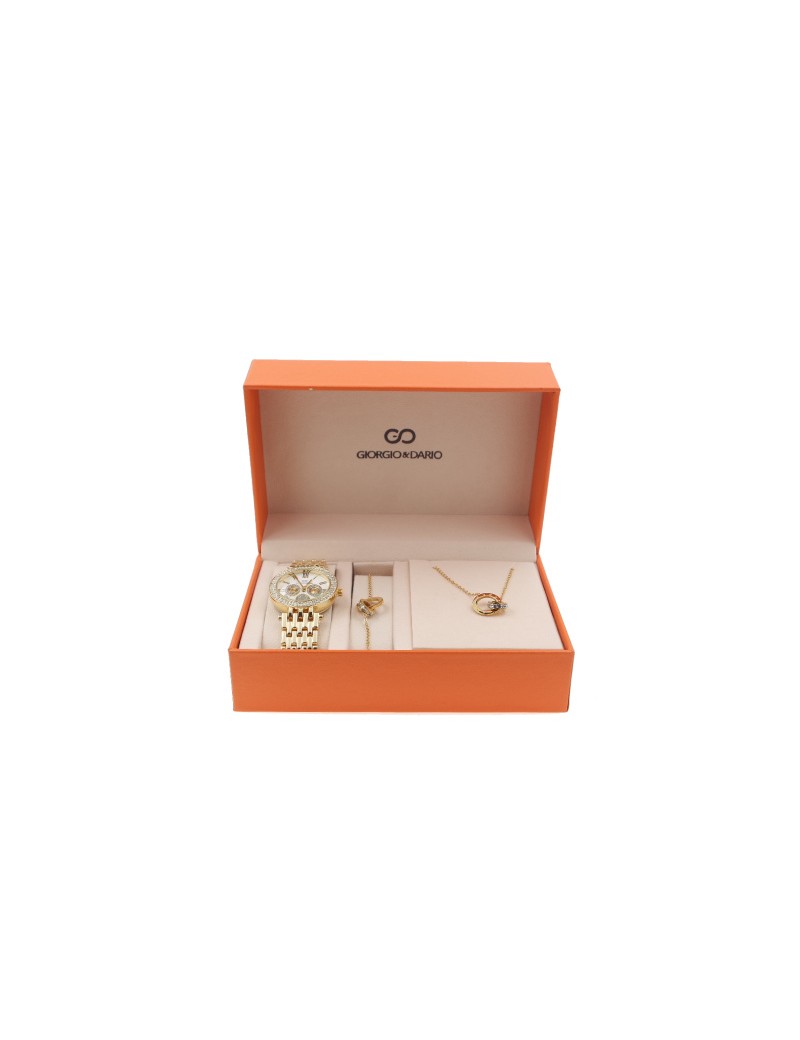 Coffret montre femme et bijoux double anneaux croisés (Acier) Dorée