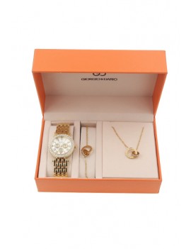 Coffret montre femme et bijoux double anneaux croisés (Acier) Dorée