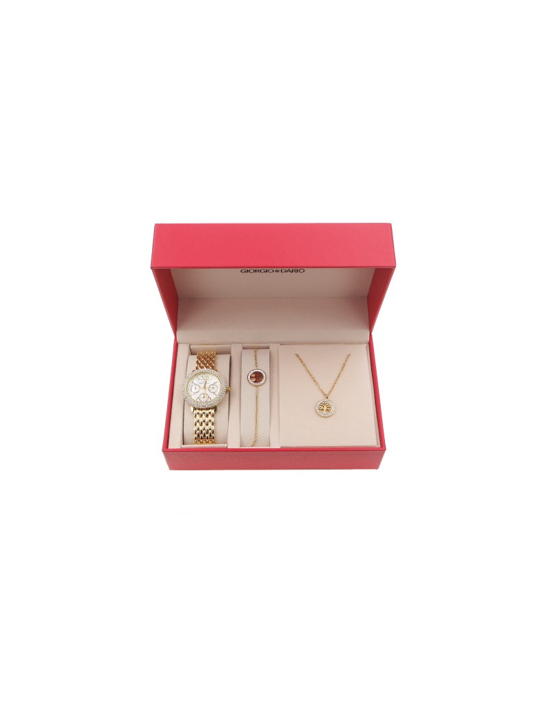 Coffret montre femme et bijoux arbre de vie (acier) Dorée