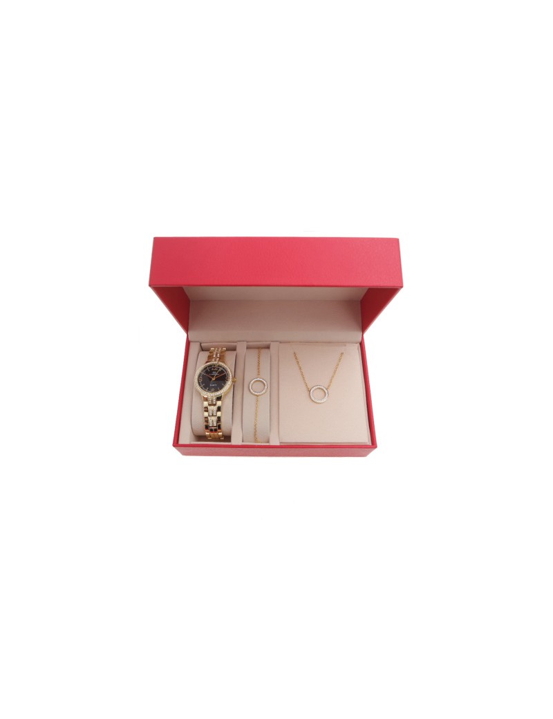 Coffret montre femme et bijoux Anneau- (acier) Dorée