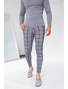 Pantalon à carreaux gris clair coupe ajustée pour homme