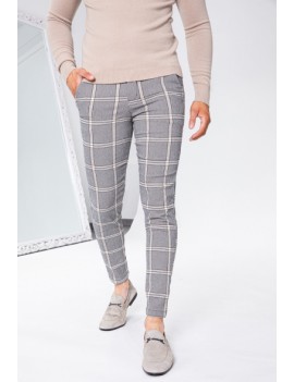 Pantalon coupe ajustée à carreaux gris-beige pour homme
