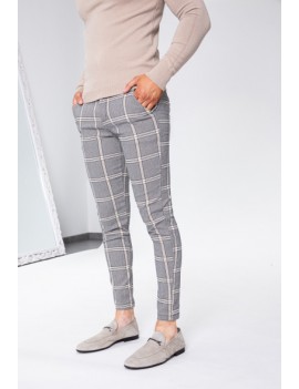 Pantalon coupe ajustée à carreaux gris-beige pour homme