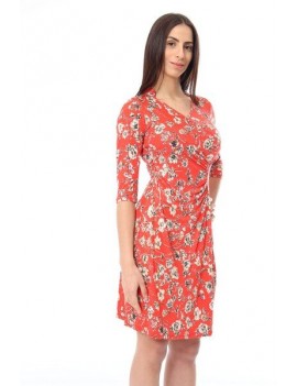 Robe cache-coeur courte - manches 3/4 - imprimée rouge