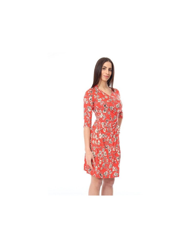 Robe cache-coeur courte - manches 3/4 - imprimée rouge